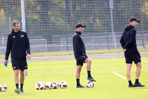 September 30, 2026, Germany, Soccer, 2. Bundesliga, 2026–2027 Season, Sportforum, Hertha BSC, Head Coach Stefan Leitl of Hertha BSC Berlin, Assistant Coach Andre Mijatovic, Hertha BSC Berlin; Assistant Coach Andreas Schumacher, Hertha BSC Berlin, 2nd Division. DFB and DFL regulations prohibit any use of photographs as image sequences and or quasi-video. nordphoto GmbH, Engler, Berlin; Sportforum, Berlin, Germany Copyright: xNordphotox xEnglerx