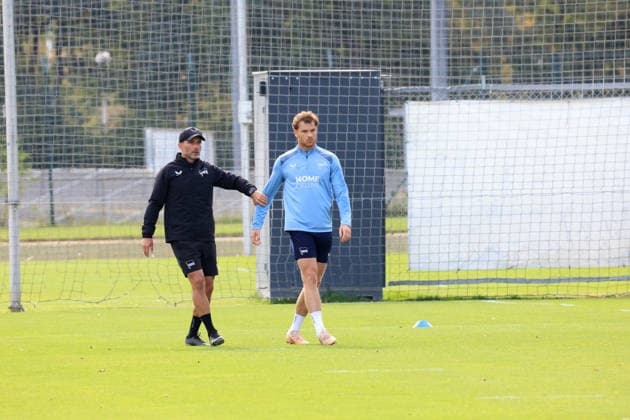 September 30, 2026, Germany, Soccer, 2. Bundesliga, 2026–2027 season, Sportforum, Hertha BSC, Head Coach Stefan Leitl leading training at Hertha BSC Berlin, Pascal Klemens of Hertha BSC Berlin 41 2. Bundesliga DFB DFL regulations prohibit any use of photographs as image sequences and or quasi-video nordphoto GmbH Engler Berlin Sportforum Berlin Germany Copyright: xNordphotox xEnglerx