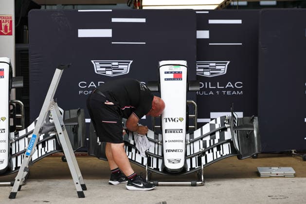 SEPANG, SGR - Sept 30: A member of the Cadillac Formula 1 Team works on the car front wing ahead of the Formula 1 Gulf Air Bahrain Grand Prix on September 30, 2026 held at Sepang International Circuit in Sepang, Malaysia. (Photo by Hazrin Yeob Men Shah Icon Sportswire) AUTO: SEP 30 F1 Bahrain Grand Prix in Malaysia EDITORIAL USE ONLY Icon3782609300525