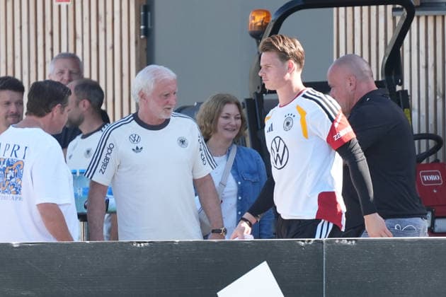 Sports Director Rudi Völler (Germany) and Goalie Jonas Urbig (Germany) at HerzoBase on September 30, 2026: German National Team Nations League Preparation, Home Ground, HerzoBase, World of Adidas, Herzogenaurach