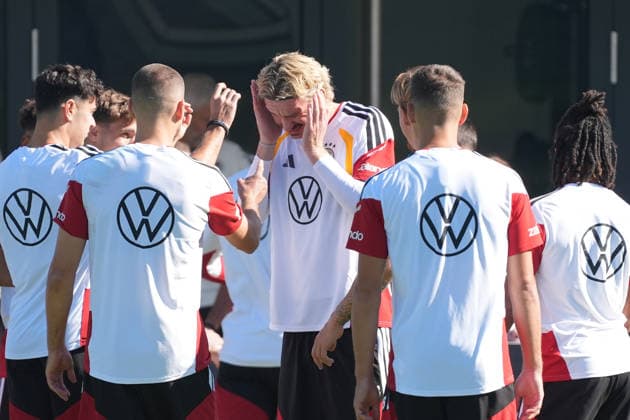 Nick Woltemade (Germany) lost the practice game and got hit in the ear at Herzo Base on September 30, 2026. German National Team Nations League Preparation, Home Ground, HerzoBase, World of Adidas, Herzogenaurach