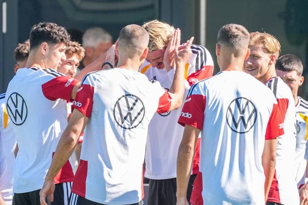 Nick Woltemade (Germany) lost the practice game and got hit in the ear at Herzo Base on September 30, 2026. German National Team Nations League Preparation, Home Ground, HerzoBase, World of Adidas, Herzogenaurach
