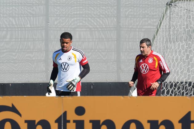 Goalkeeper Noah Atubolu (Germany) in individual training, just as he did before the other two games, alongside Marc-André ter Stegen and goalkeeper Alexander Nübel (Germany), who were then selected to play. HerzoBase, September 30, 2026. German National Team Nations League preparation, Home Ground, HerzoBase, World of Adidas, Herzogenaurach