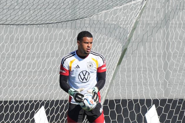 Goalkeeper Noah Atubolu (Germany) in individual training, just as he did before the other two games, alongside Marc-André ter Stegen and goalkeeper Alexander Nübel (Germany), who were then selected to play. HerzoBase, September 30, 2026. German National Team Nations League preparation, Home Ground, HerzoBase, World of Adidas, Herzogenaurach