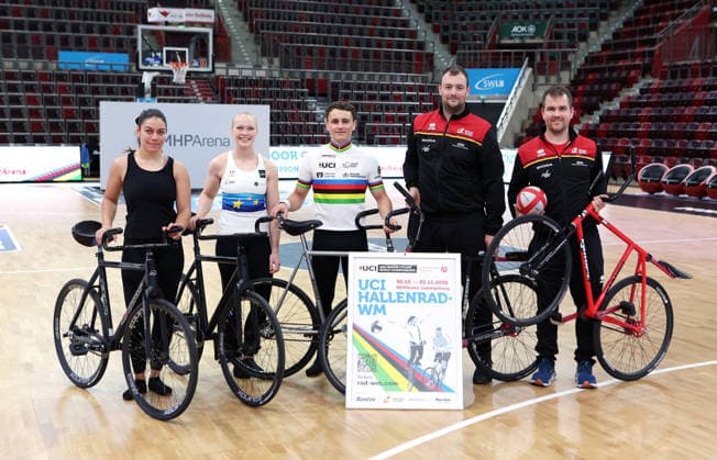 September 30, 2026, Germany, Ludwigsburg, Cycling: 2026 UCI Indoor Cycling World Championships Press Conference; from left: artistic cyclists Sofia Reichert, Lara Füller, Philipp Thies Rapp, and the German cycle ball team—Michael Birkner and Robert Mlady