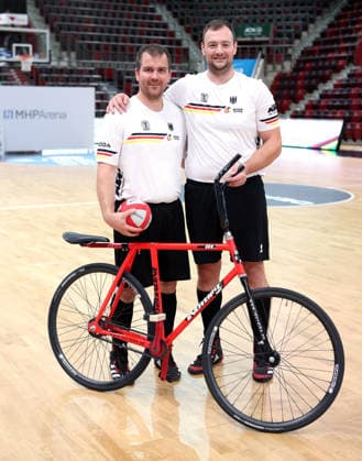 September 30, 2026, Germany, Ludwigsburg, Cycling: 2026 UCI Indoor Cycling World Championships Press Conference, the German cycle ball team—Robert Mlady and Michael Birkner
