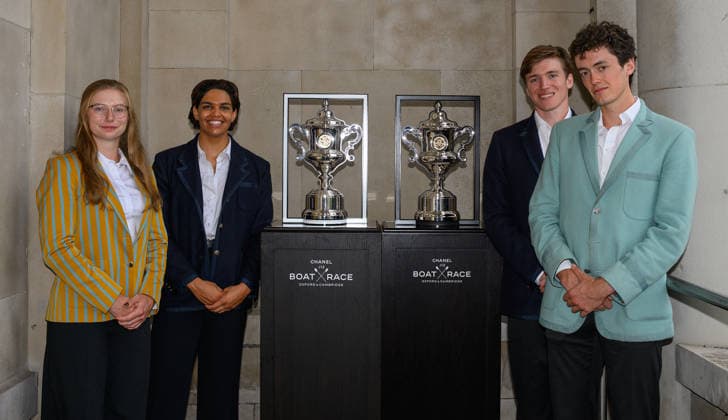 Boat Race 2027 Launch (Left to right) Oxford and Cambridge Women™ Presidents Eloise Etherington and Kyra Delray and Oxford and Cambridge Men™s Presidents Alex Sullivan and Simon Hatcher during the Season Launch and Presidents™ Challenge for The CHANEL J12 Boat Race 2027 at Somerset House, Westminster 30 09 2026 UK Newspapers OUT Copyright: xGraemexWilcocksonx FIL-24012-0015