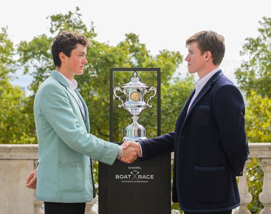 Boat Race 2027 Launch Alex Sullivan (right) Oxford President, challenges Simon Hatcher, Cambridge President to the CHANEL J12 Boat Race 2027 at Somerset House, Westminster 30 09 2026 UK Newspapers OUT Copyright: xGraemexWilcocksonx FIL-24012-0024