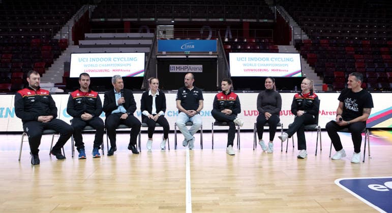 September 30, 2026, Germany, Ludwigsburg, Cycling: 2026 UCI Indoor Cycling World Championships Press Conference; from left: Michael Birkner, cycle ball team, Robert Mlady, Mario Kreh, Managing Director of Tourism Events Ludwigsburg, Katharina Schwarz, Vice President of German Cycling, Dieter Maute, National Coach for Artistic Cycling, Philipp Thies, Rapp Artistic Cycling, Sofia Reichert, Artistic Cycling, Lara Füller, Artistic Cycling, Jens Zimmermann, Founder and CEO of 8Actionn Sport Events