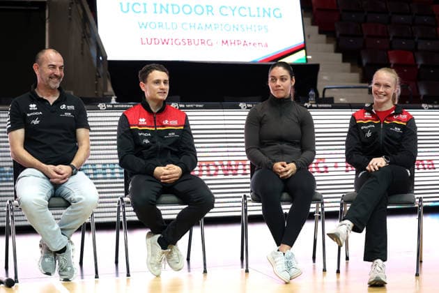 September 30, 2026, Germany, Ludwigsburg, Cycling: 2026 UCI Indoor Cycling World Championships Press Conference, from left: Dieter Maute, National Coach for Artistic Cycling; Philipp Thies Rapp, Artistic Cycling; Sofia Reichert; Lara Füller