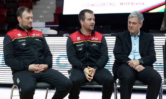 September 30, 2026, Germany, Ludwigsburg, Cycling: 2026 UCI Indoor Cycling World Championships Press Conference; from left: Michael Birkner, Robert Mlady, and Mario Kreh, Managing Director of Tourism Events Ludwigsburg