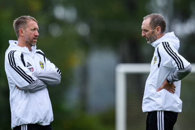 September 30, 2026: Head Coach Graham Potter and Assistant Coach Andreas Georgson of the Swedish men s national soccer team at a training session on September 30, 2026 in Stockholm. Photo by Jesper Zerman, BILDBYRAN, code JZ JZ0762: soccer, football, fotball, Nations League, UEFA Nations League, training, practice, Sweden, Sweden A, bbeng Copyright: JESPERxZERMAN BB260930JZ013