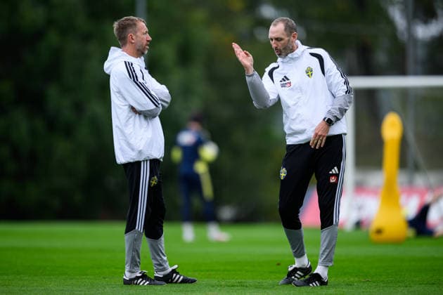 September 30, 2026: Head Coach Graham Potter and Assistant Coach Andreas Georgson of the Swedish men s national soccer team at a training session on September 30, 2026 in Stockholm. Photo by Jesper Zerman, BILDBYRAN, code JZ JZ0762: soccer, football, fotball, Nations League, UEFA Nations League, training, practice, Sweden, Sweden A, bbeng Copyright: JESPERxZERMAN BB260930JZ017