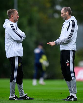 September 30, 2026: Head Coach Graham Potter and Assistant Coach Andreas Georgson of the Swedish men s national soccer team at a training session on September 30, 2026 in Stockholm. Photo by Jesper Zerman, BILDBYRAN, code JZ JZ0762: soccer, football, fotball, Nations League, UEFA Nations League, training, practice, Sweden, Sweden A, bbeng Copyright: JESPERxZERMAN BB260930JZ018