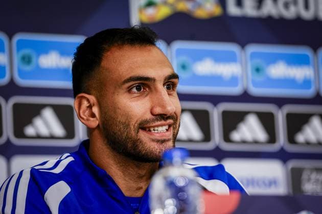 THESSALONIKI , 30-09-2026 , Toumba Stadium , season 2026 2027 , UEFA Nations League football , Picture shows Greece player Vangelis Pavlidis during the press conference, PK, Pressekonferenz and training Press conference Greece and training in Thessaloniki  x207757416x Copyright: