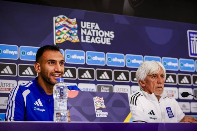 THESSALONIKI , 30-09-2026 , Toumba Stadium , season 2026 2027 , UEFA Nations League football , Picture shows Greece player Vangelis Pavlidis and Greece trainer coach Ivan Jovanovic during the press conference, PK, Pressekonferenz and training Press conference Greece and training in Thessaloniki  x207757419x Copyright: