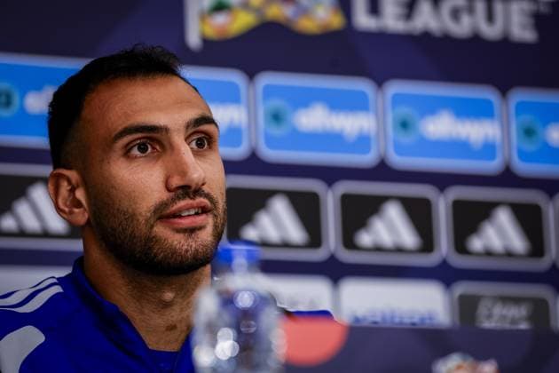 THESSALONIKI , 30-09-2026 , Toumba Stadium , season 2026 2027 , UEFA Nations League football , Picture shows Greece player Vangelis Pavlidis during the press conference, PK, Pressekonferenz and training Press conference Greece and training in Thessaloniki  x207757429x Copyright: