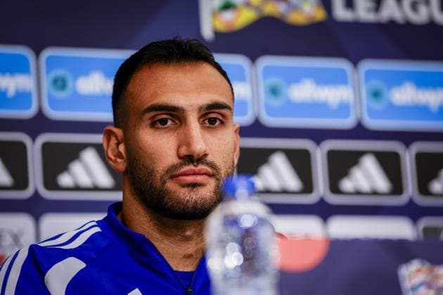 THESSALONIKI , 30-09-2026 , Toumba Stadium , season 2026 2027 , UEFA Nations League football , Picture shows Greece player Vangelis Pavlidis during the press conference, PK, Pressekonferenz and training Press conference Greece and training in Thessaloniki  x207757437x Copyright: