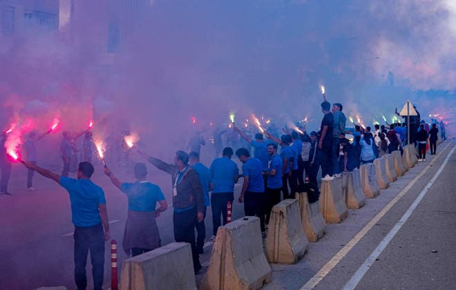 Konyaspor v Palestine - Friendly KONYA, TURKIYE - SEPTEMBER 30: Fans light flares to welcome the bus carrying the Palestine National Football Team as it arrives at Konya Metropolitan Municipality Stadium ahead of a friendly match against Konyaspor as part of Palestine Day events in Konya, Turkiye on September 30, 2026. Evrim Aydin Anadolu Konya Turkey. Editorial use only. Please get in touch for any other usage.  Copyright: x2026xAnadoluxEvrimxAydinx