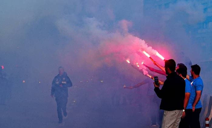 Konyaspor v Palestine - Friendly KONYA, TURKIYE - SEPTEMBER 30: Fans light flares to welcome the bus carrying the Palestine National Football Team as it arrives at Konya Metropolitan Municipality Stadium ahead of a friendly match against Konyaspor as part of Palestine Day events in Konya, Turkiye on September 30, 2026. Evrim Aydin Anadolu Konya Turkey. Editorial use only. Please get in touch for any other usage.  Copyright: x2026xAnadoluxEvrimxAydinx