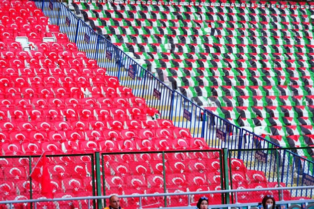 Konyaspor v Palestine - Friendly KONYA, TURKIYE - SEPTEMBER 30: A general view shows the interior of Konya Metropolitan Municipality Stadium decorated with Turkish and Palestinian flags ahead of a friendly football match between Konyaspor and the Palestine National Football Team as part of Palestine Day events in Konya, Turkiye on September 30, 2026. Evrim Aydin Anadolu Konya Turkey. Editorial use only. Please get in touch for any other usage.  Copyright: x2026xAnadoluxEvrimxAydinx