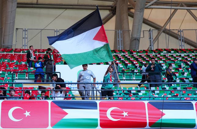 Konyaspor v Palestine - Friendly KONYA, TURKIYE - SEPTEMBER 30: Spectators wearing Palestinian scarves take their seats inside Konya Metropolitan Municipality Stadium, decorated with Turkish and Palestinian flags, ahead of a friendly match between Konyaspor and the Palestine National Football Team as part of Palestine Day events in Konya, Turkiye on September 30, 2026. Evrim Aydin Anadolu Konya Turkey. Editorial use only. Please get in touch for any other usage.  Copyright: x2026xAnadoluxEvrimxAydinx