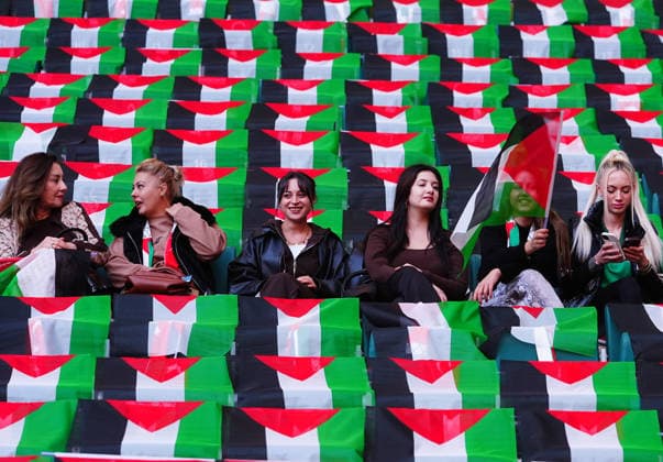 Konyaspor v Palestine - Friendly KONYA, TURKIYE - SEPTEMBER 30: Spectators wearing Palestinian scarves take their seats inside Konya Metropolitan Municipality Stadium, decorated with Turkish and Palestinian flags, ahead of a friendly match between Konyaspor and the Palestine National Football Team as part of Palestine Day events in Konya, Turkiye on September 30, 2026. Evrim Aydin Anadolu Konya Turkey. Editorial use only. Please get in touch for any other usage.  Copyright: x2026xAnadoluxEvrimxAydinx