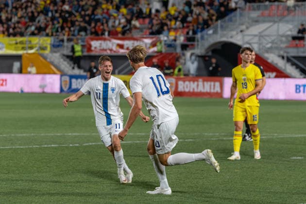 Romania v Finland, U21, U 21 Luka Hyrylainen celebrates after scoring his side first goal during the European Under-21 Championship 2027, Qualifying round game between Romania and Finland at Eugen Popescu stadium in Targoviste, Romania, 30 September 2026. ALEX NICODIM Imago Images Copyright: xAlexxNicodimx