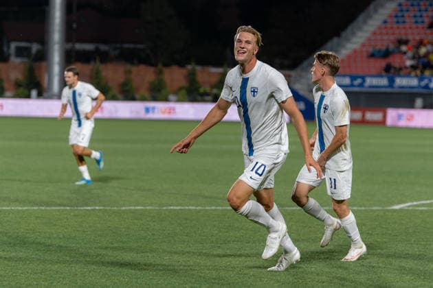Romania v Finland, U21, U 21 Luka Hyrylainen celebrates after scoring his side first goal during the European Under-21 Championship 2027, Qualifying round game between Romania and Finland at Eugen Popescu stadium in Targoviste, Romania, 30 September 2026. ALEX NICODIM Imago Images Copyright: xAlexxNicodimx