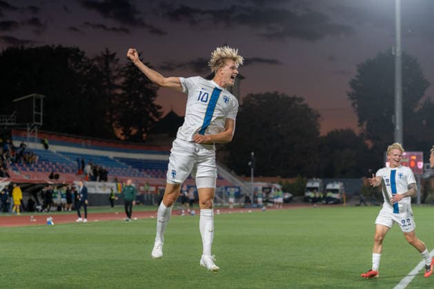 Romania v Finland, U21, U 21 Luka Hyrylainen celebrates after scoring his side first goal during the European Under-21 Championship 2027, Qualifying round game between Romania and Finland at Eugen Popescu stadium in Targoviste, Romania, 30 September 2026. ALEX NICODIM Imago Images Copyright: xAlexxNicodimx