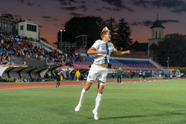 Romania v Finland, U21, U 21 Luka Hyrylainen celebrates after scoring his side first goal during the European Under-21 Championship 2027, Qualifying round game between Romania and Finland at Eugen Popescu stadium in Targoviste, Romania, 30 September 2026. ALEX NICODIM Imago Images Copyright: xAlexxNicodimx