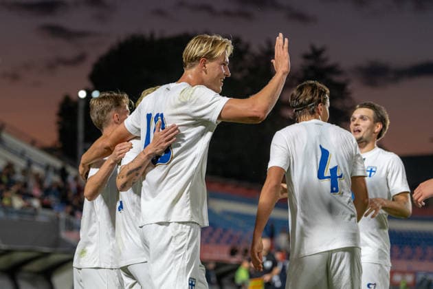 Romania v Finland, U21, U 21 Luka Hyrylainen celebrates after scoring his side first goal during the European Under-21 Championship 2027, Qualifying round game between Romania and Finland at Eugen Popescu stadium in Targoviste, Romania, 30 September 2026. ALEX NICODIM Imago Images Copyright: xAlexxNicodimx