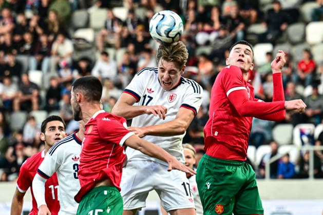 L-R Simeon Siskov, (BGR), Vit Skrkon (CZE) and Stivan Stojancov (BGR) in action during the UEFA Under-21 European Football Championship qualifier Group B match Czechia vs Bulgaria, Hradec Kralove, Czech Republic, September 30, 2026. (CTKxPhoto DavidxTanecek) CTKPhotoP2026093007899  CTKPhotoP2026093007899