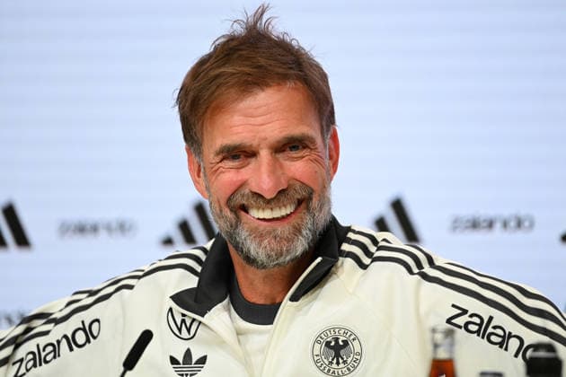 German National Team Coach Juergen KLOPP GER, laughing, laughter, smiling, optimistic, in good spirits, single frame, cropped single shot, portrait, press conference on September 30, 2026, UEFA Nations League group stage, Group B, Matchday 3: Germany (GER) vs. Serbia (SRB) on October 1, 2026, ALLIANZ ARENA