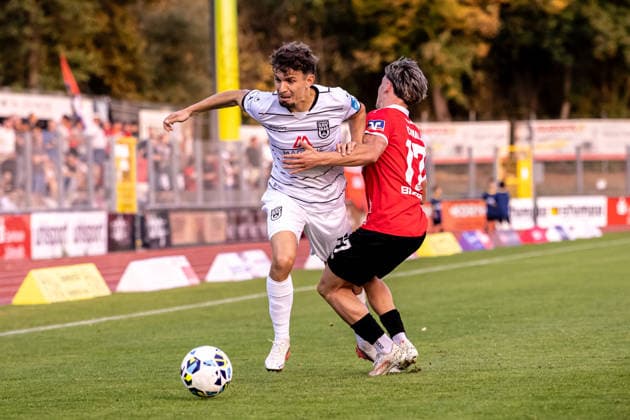 TSG Balingen vs. SSV Ulm 1846 Soccer, State Cup, WFV Cup, Round of 16, BIZERBA ARENA Balingen, September 30, 2026, photo by Marco Gölz, SSV Ulm 1846 Soccer, 21, Maxim Schmalz TSG Balingen Soccer, 17 TSG Balingen vs. SSV Ulm 1846 Soccer, State Cup, WFV Cup, Round of 16, BIZERBA ARENA Balingen, September 30, 2026; Photo by Lucca Fundel, Balingen, BIZERBA ARENA, Baden-Württemberg, Germany