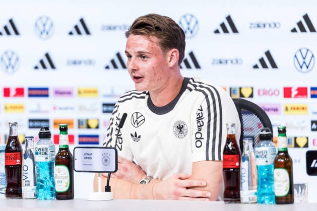 MUNICH, GERMANY - SEPTEMBER 30: Jonas Urbig (Germany, 1) during the pressconference before the UEFA Nations League match between Germany vs. Serbia at Allianz Arena on matchday 3 of the UEFA Nations League on September 30, 2026 in Munich, Germany. Bavaria Germany Copyright: xSteffiexWunderlx