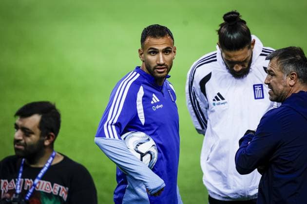 THESSALONIKI , 30-09-2026 , Toumba Stadium , season 2026 2027 , UEFA Nations League football , Picture shows Greece player Vangelis Pavlidis during the press conference, PK, Pressekonferenz md-1 and training Press conference Greece and training in Thessaloniki  x207758824x Copyright: