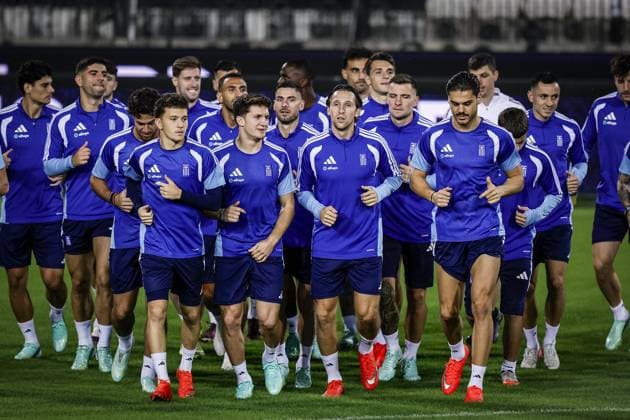 THESSALONIKI , 30-09-2026 , Toumba Stadium , season 2026 2027 , UEFA Nations League football , Picture shows players of Greece during the during the warming up press conference, PK, Pressekonferenz Greece and training in Thessaloniki  x207758830x Copyright: