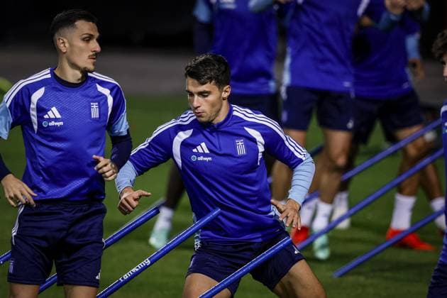 THESSALONIKI , 30-09-2026 , Toumba Stadium , season 2026 2027 , UEFA Nations League football , Picture shows Greece player Tasos Douvikas during the press conference, PK, Pressekonferenz md-1 and training Press conference Greece and training in Thessaloniki  x207758847x Copyright: