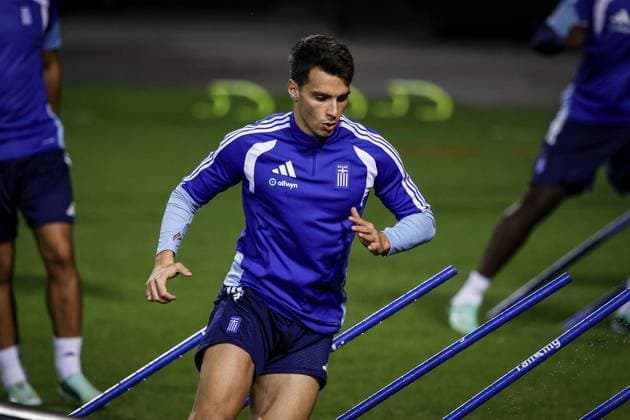 THESSALONIKI , 30-09-2026 , Toumba Stadium , season 2026 2027 , UEFA Nations League football , Picture shows Greece player Tasos Douvikas during the press conference, PK, Pressekonferenz md-1 and training Press conference Greece and training in Thessaloniki  x207758848x Copyright: