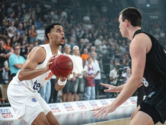 Jaylen Sims of ratiopharm ulm and Alexander Ducas of Balkan Botevgrad battle for the ball during the 2026–2027 BKT EuroCup match between ratiopharm ulm and Balkan Botevgrad at ratiopharm Arena on September 30, 2026 in Neu Ulm, Germany. Photo by Harry Langer, DeFodi Images