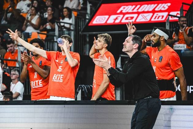 Nil Failenschmid Clavera, ratiopharm Ulm; Lenny Liedtke, ratiopharm Ulm; Head Coach Ty Harrelson of ratiopharm ulm and Armel Traore of ratiopharm ulm gesturing during the BKT EuroCup 2026–2027 match between ratiopharm ulm and Balkan Botevgrad at ratiopharm Arena on September 30, 2026 in Neu Ulm, Germany. Photo by Harry Langer, DeFodi Images