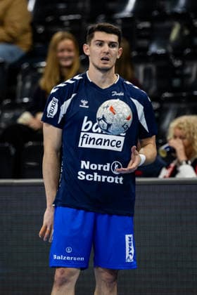 FLENSBURG, GERMANY - SEPTEMBER 30: Aymeric Minne (SG Flensburg-Handewitt, 44) during warm up during the EHF European League match between SG Flensburg-Handewitt vs Fraikin BM. Granollers at GGW Arena on matchday 1 of the Group Matches Group E on September 30, 2026 in Flensburg, Germany. Schleswig-Holstein Germany Copyright: xMarioxM.xKobergx