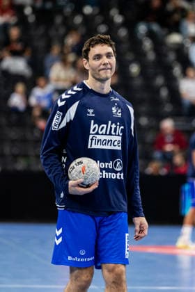 FLENSBURG, GERMANY - SEPTEMBER 30: Niclas Kirkelokke (SG Flensburg-Handewitt, 05) during warm up during the EHF European League match between SG Flensburg-Handewitt vs Fraikin BM. Granollers at GGW Arena on matchday 1 of the Group Matches Group E on September 30, 2026 in Flensburg, Germany. Schleswig-Holstein Germany Copyright: xMarioxM.xKobergx