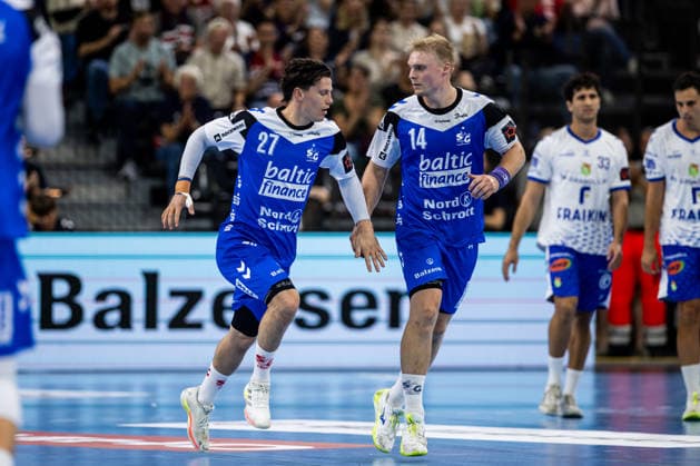 FLENSBURG, GERMANY - SEPTEMBER 30: Aksel Horgen (SG Flensburg-Handewitt, 27) and Emil Siersbaek Bergholt (SG Flensburg-Handewitt, 14) during the EHF European League match between SG Flensburg-Handewitt vs Fraikin BM. Granollers at GGW Arena on matchday 1 of the Group Matches Group E on September 30, 2026 in Flensburg, Germany. Schleswig-Holstein Germany Copyright: xMarioxM.xKobergx