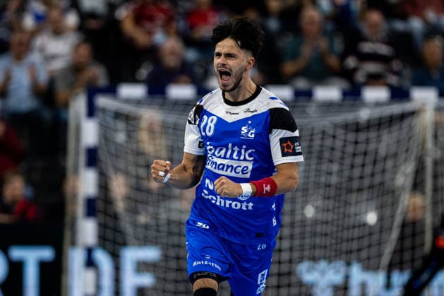 FLENSBURG, GERMANY - SEPTEMBER 30: celebration goal celebration Patrick Volz (SG Flensburg-Handewitt, 28) during the EHF European League match between SG Flensburg-Handewitt vs Fraikin BM. Granollers at GGW Arena on matchday 1 of the Group Matches Group E on September 30, 2026 in Flensburg, Germany. Schleswig-Holstein Germany Copyright: xMarioxM.xKobergx