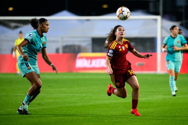 Sydney Schertenleib of FC Barcelona, Barca and Giada Pellegrino Cimo of AS Roma during the Women s Champions league football match between AS Roma and FC Barcelona at Tre Fontane stadium in Rome (Italy), September 30, 2026. AndreaxStaccioli