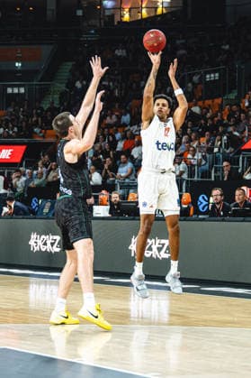 Alexander Ducas of Balkan Botevgrad and Michael Rataj of ratiopharm ulm battle for the ball during the 2026–2027 BKT EuroCup match between ratiopharm ulm and Balkan Botevgrad at ratiopharm Arena on September 30, 2026 in Neu Ulm, Germany. Photo by Harry Langer, DeFodi Images