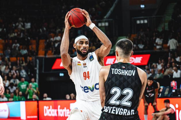 Armel Traore of ratiopharm ulm and Konstantin Toshkov of Balkan Botevgrad battle for the ball during the 2026–2027 BKT EuroCup match between ratiopharm ulm and Balkan Botevgrad at ratiopharm Arena on September 30, 2026 in Neu Ulm, Germany. Photo by Harry Langer, DeFodi Images