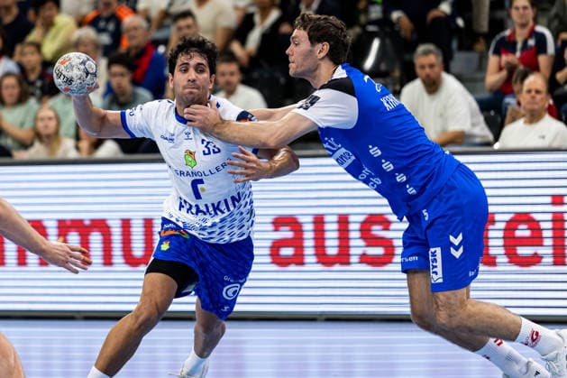 FLENSBURG, GERMANY - SEPTEMBER 30: Ferran Castillo Oliveras (Fraikin BM. Granollers, 33) against Niclas Kirkelokke (SG Flensburg-Handewitt, 05) during the EHF European League match between SG Flensburg-Handewitt vs Fraikin BM. Granollers at GGW Arena on matchday 1 of the Group Matches Group E on September 30, 2026 in Flensburg, Germany. Schleswig-Holstein Germany Copyright: xMarioxM.xKobergx